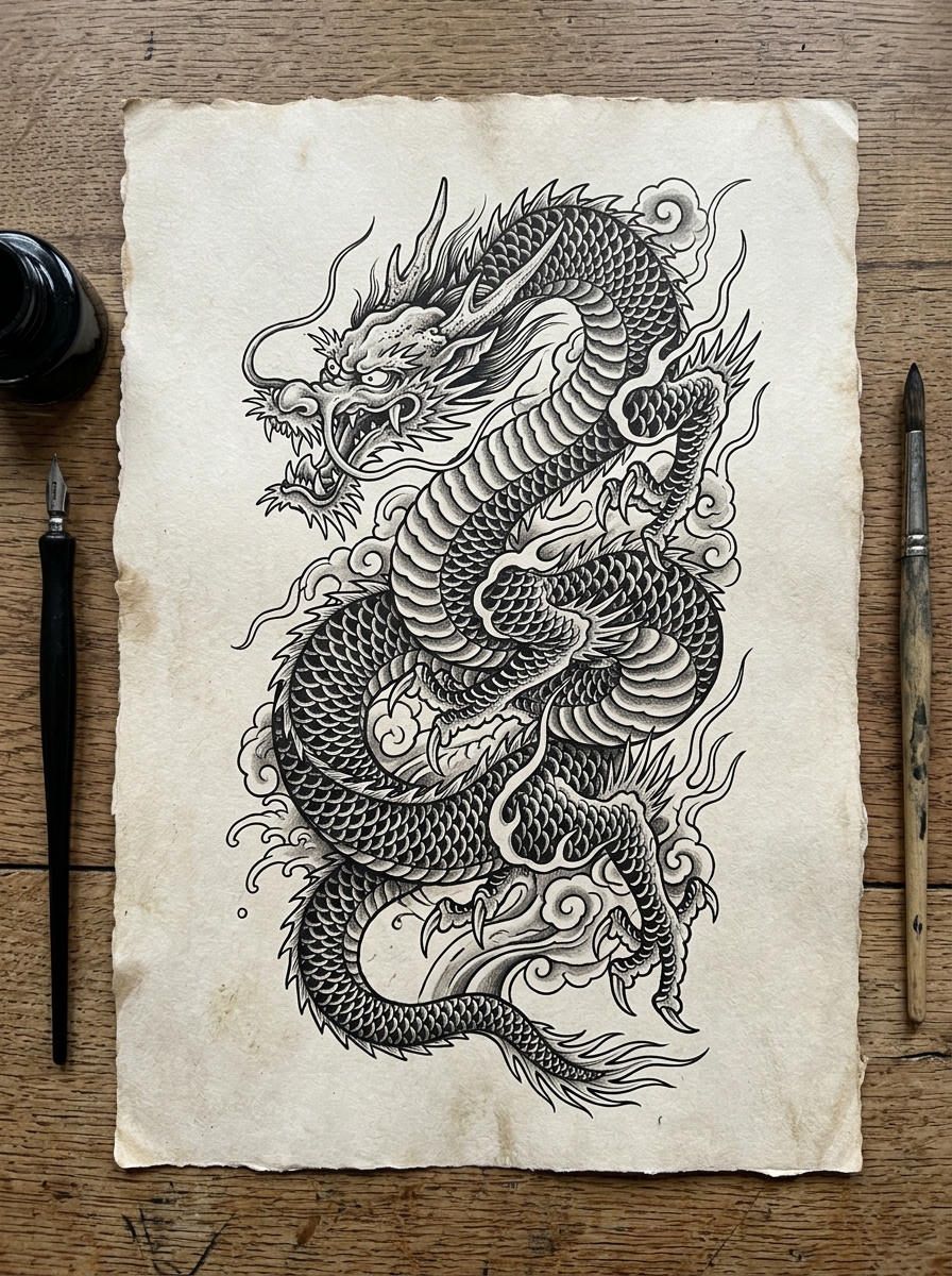 AI tattoo generator dragon flash outline