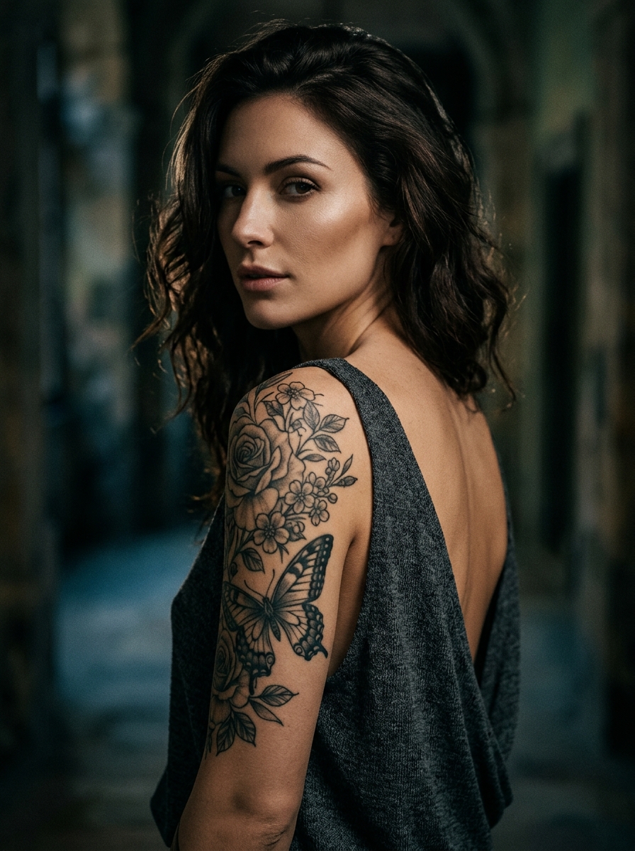 AI tattoo generator custom floral and dragon shoulder tattoo example